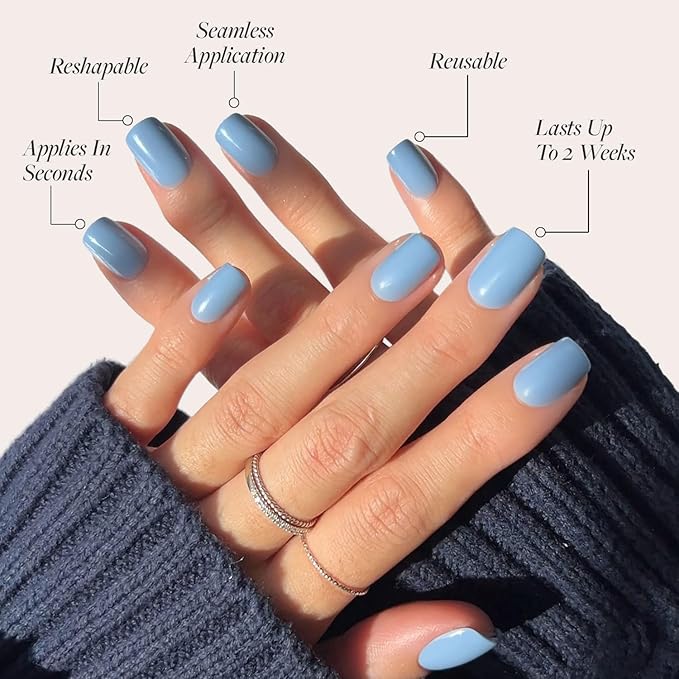 Glamnetic Press On Nails - Cashmere Blue | Opaque Soft Pale Sky Blue Short Squoval Fake Nails, Salon Quality | 15 Sizes - 30 Nail Kit