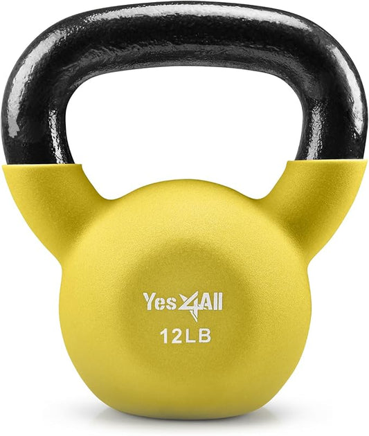 Yes4All Kettlebell, 5-65 LB Neoprene Coated Cast Iron Kettlebells, Wide Grip Handle & Flat Bottom for Swings, Squats, Deadlifts, Push Ups & Full Body Training at Home Gym - Single & Set