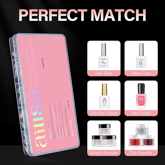 AILLSA Short Almond Nail Tips - Thickened Pre-shaped False Nail Tips Short Almond Shaped Half Matte Nails Tips, Fake Nails Extension 450pcs 15 Sizes with Storage Box