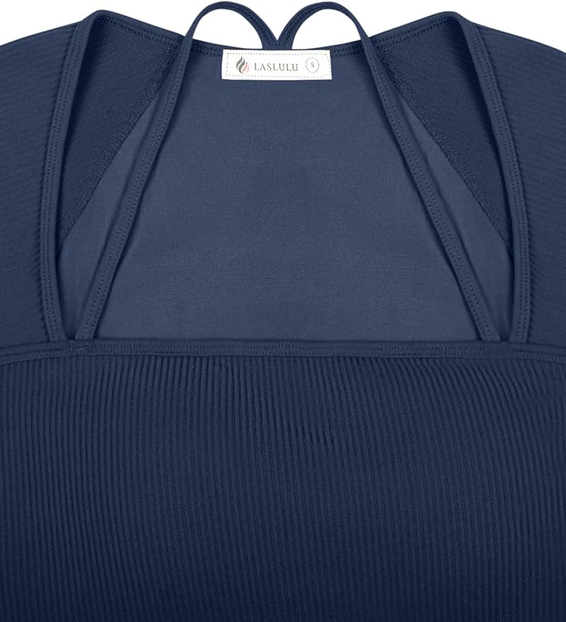 LASLULU Womens Sexy Square Neck Crop Top Ribbed Seamless Long Sleeve Workout Tops Halter Neck Athletic Yoga