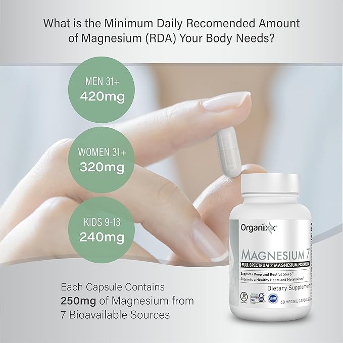 Organixx Magnesium Glycinate Supplement for Support Sleep, Muscle & Heart Health, 7 Type Magnesium Complex with Vitamin B6, Manganese Citrate, Gluten Free, Vegan, Non GMO, High Absorption, 60 Capsules