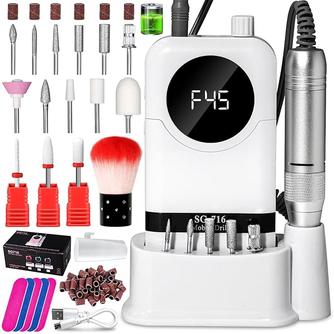 LIMEGIRL Professional Electric Nail Drill Kit 45000RPM Portable Cordless Toenail Cordless Toenail Machine with 14 Drill Bits and Base for Women (White)