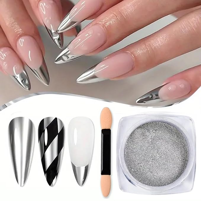 Holographic Mirror Nail Powders Chrome Silver Effect Pure Metallic Dust Sequins UV Gel Nail Chrome Pigment for Nail Art Decoration,Silver Chrome Nail Powder