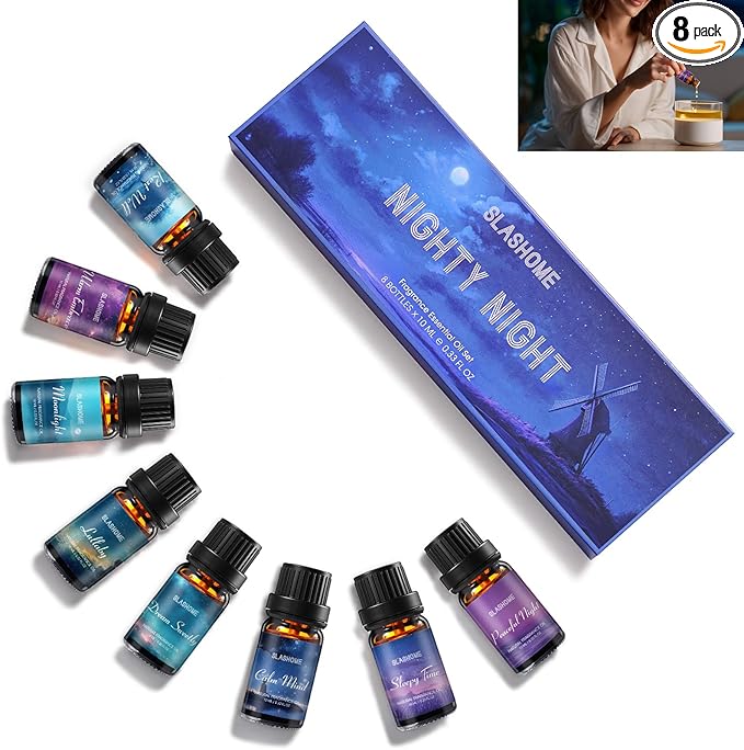 Good Night Essential Oils Set | 8 Pcs Sleep Aromatherapy Oils for Diffuser, Fragrance Oil for Candle, Aromatherapy Gift Set, Sleepy Time, Rest Well, Moonlight, Dream Sweetly, Peaceful Night, & More