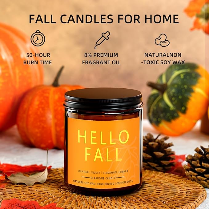 Fall Scented Candles Hello Fall 7oz – Warm Pumpkin Spice & Sweet Apple Soy Wax Candle for Cozy Autumn Home Décor, Perfect Fall Gift, 50 Hour Long Burn