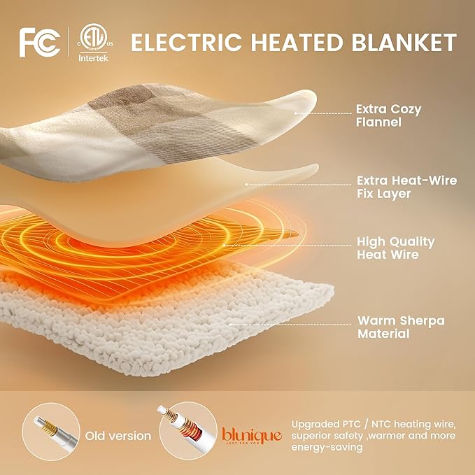 Heated Blanket Electric Throw-50''x60''Ultra Soft Cozy Plaid Flannel Fast Heating Electric Blanket with 10 Heat Levels & 10 Hours Auto Off, ETL Certified, Keep Warm in Couch Bed Office(Khaki)