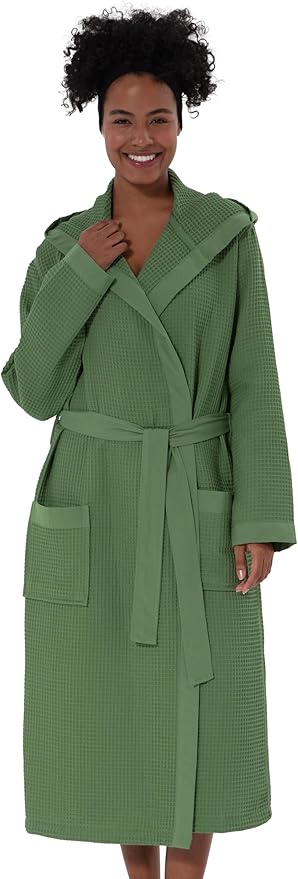 SEYANTE Women’s Luxury Waffle Shawl Collar, Hooded Robe w Piping – Lightweight, Long, Ultra Soft Spa Sleepwear Bathrobe