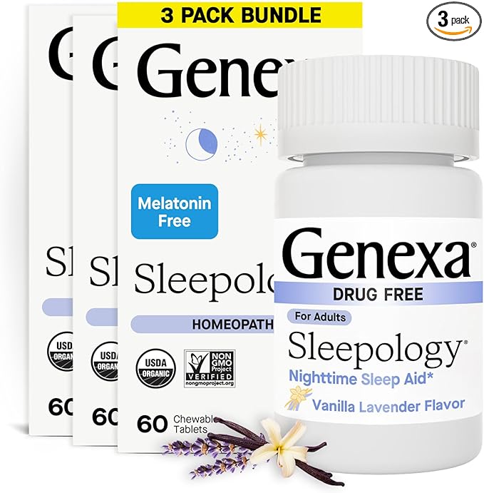 Genexa Sleepology for Adults | Melatonin Free Sleep Calm Aid |Soothing Natural Vanilla & Lavender Flavor | Certified Organic & Non-GMO | Homeopathic Remedy Made Clean | 180 Chewable Tablets (3 Pack)
