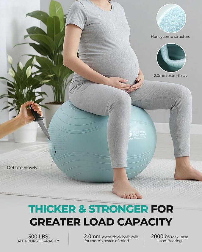 Gruper Yoga Ball, Extra Thick Exercise Ball for Workout Pregnancy Stability - 4 Sizes Anti Burst Balance Ball for Yoga, Pilates, Fitness, Birthing, Physical Therapy - Includes Pump