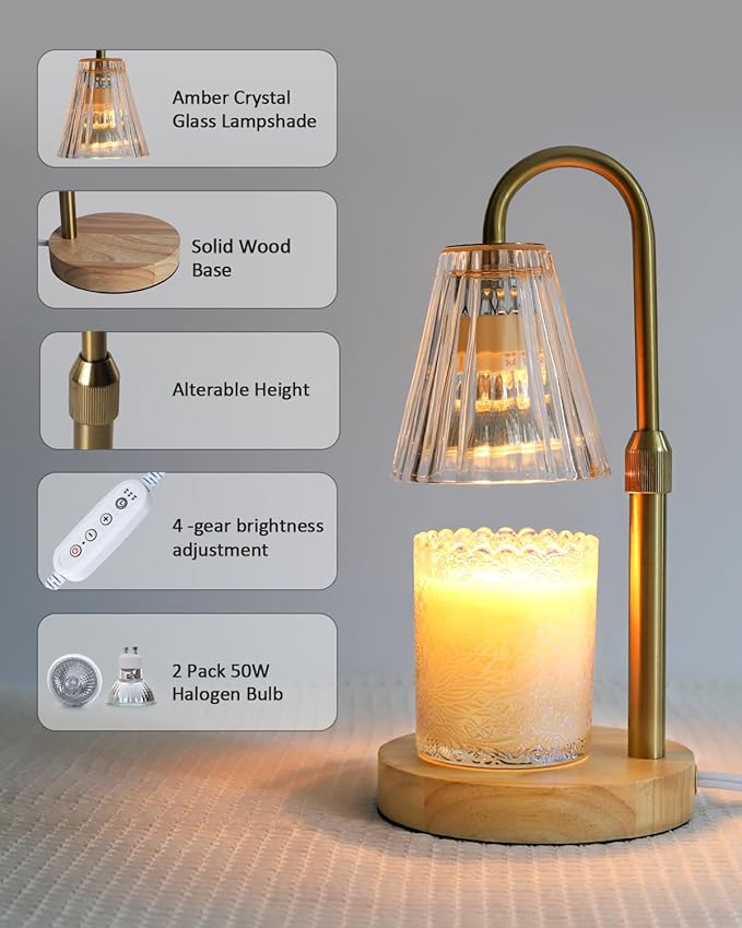 Candle Warmer Lamp with Adjustable Height, Glass Candle Lamp Warmer for Jar Candles for Jar Candles, Candle Lamp for Jar Candles, Electric Candle Warmer for Home Bedroom Decor with 2 Bulbs