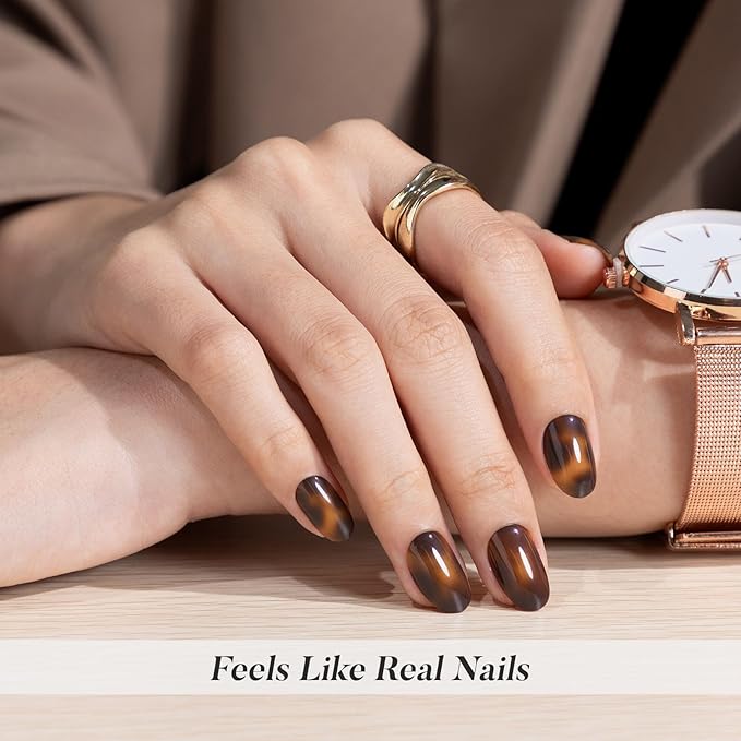 Tortoise Shell Press on Nails Short - Soft Gel Oval Press on Nails for Women, Seamless Fit & Glossy Glue on Nails 16 Sizes - 32 Reusable Fake Nails Kit with Glue, Amber Memory