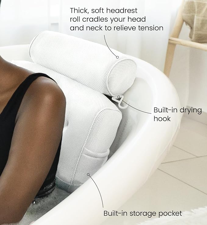 Everlasting Comfort Luxury Bath Pillows for Tub with Head and Neck Support - Non-Slip Bathtub Pillow with Suction Cups, Quick-Drying Mesh & Drying Hook - Jacuzzi & Spa Accessories for Women - White