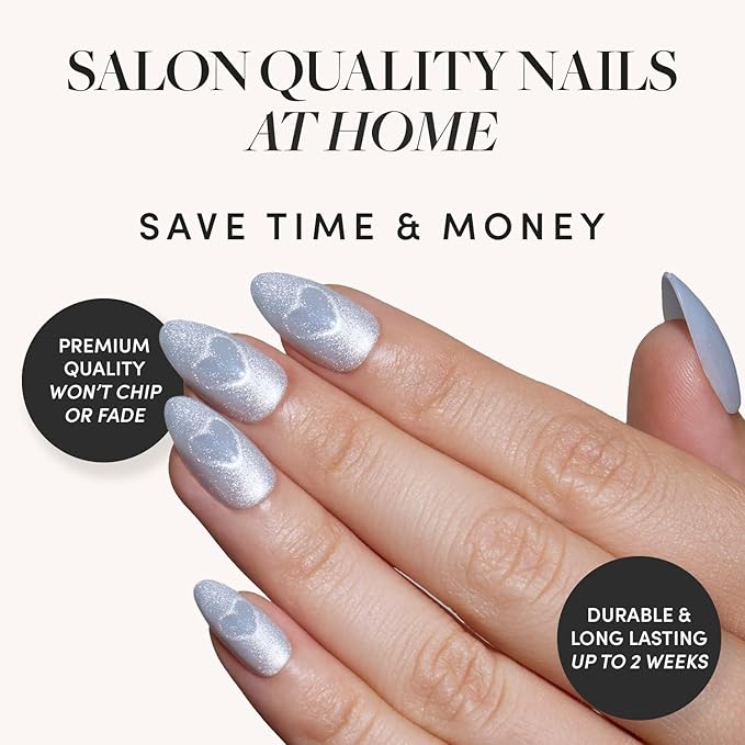Glamnetic Press On Nails - Cold Hearted | Short Almond Fake Nails with Heart Accent and Pale Blue Velvet Finish, Salon Quality Holiday Winter Nails | 15 Sizes - 30 Nail Kit with Glue