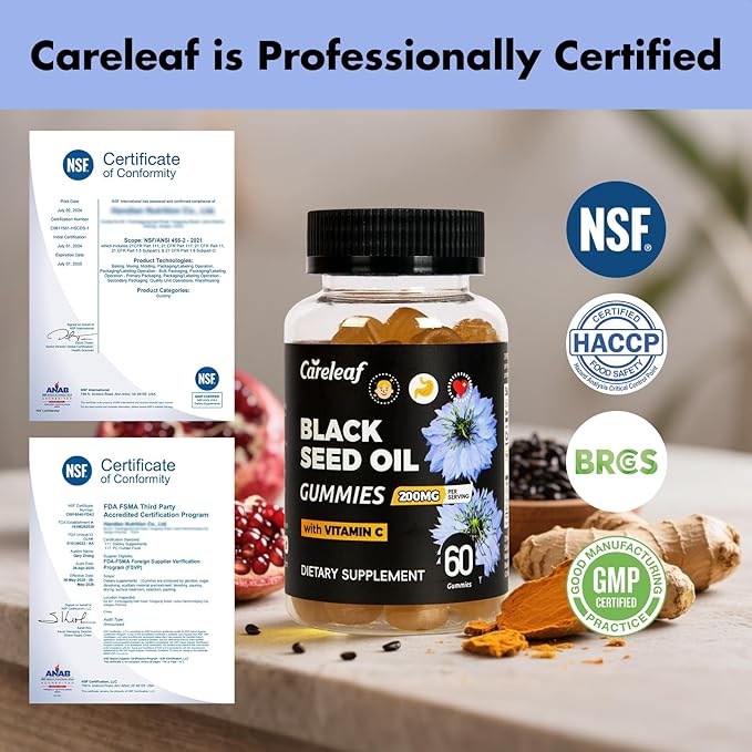 Black Seed Oil Gummies with Turmeric & Pomegranate | 200mg Antioxidant Supplement for Immune Support, Skin & Heart Health | Vitamin C Enriched for Hair & Nails | Natural Vegan Gummy