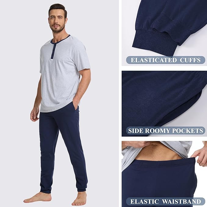 Men's Pajama Set with Henley Neckline 100% Cotton Soft and Comfortable Nightwear 2-Piece Lounge Set