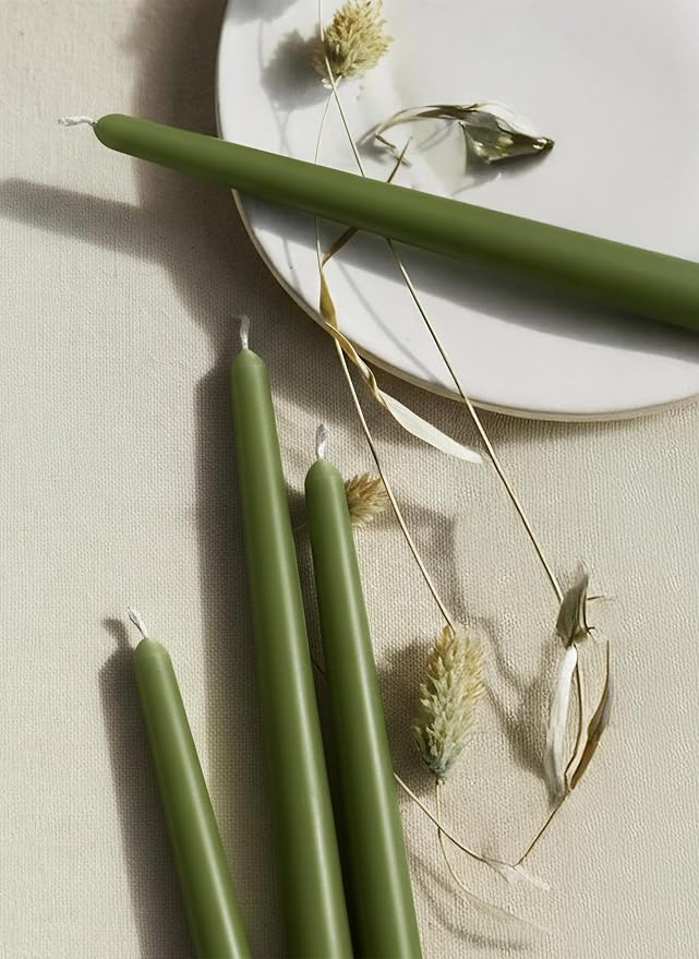 6 PK 10" Classic Taper Candles, Moss Green, 7-8 Hours Long Burning, Unscented Tall Candlesticks