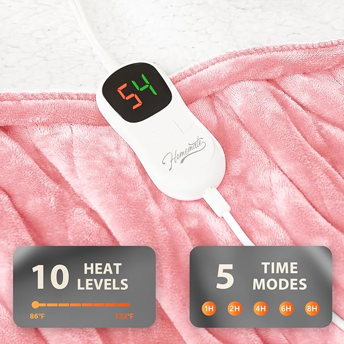 Homemate Electric Heated Blanket Twin - 62"x84" Heating Bed Blankets Throw with 10 Heating Levels 8 Hours Auto Off Fast Heating Over-Heated Protection Ultra Soft Warm Flannel ETL Certified Pink