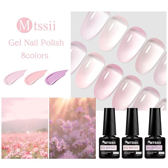 MTSSII Sheer Gel Nail Polish Set Jelly UV Gel 8 Colors Translucent Milky White Pink Nude Purple Colors Nail Polish For All Seasons Neutral Soak off LED Lamp Gel Manicure Kit for Nail Art