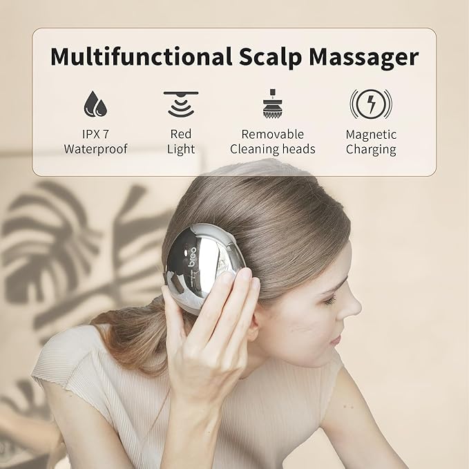 Breo Portable Mini Scalp Massager – IPX7 Waterproof Rechargeable Head Massager for Scalp Relax, Stress Relief Tool with Bamboo Wood Charging Base, Removable Massage Nodes (Silver with Base)