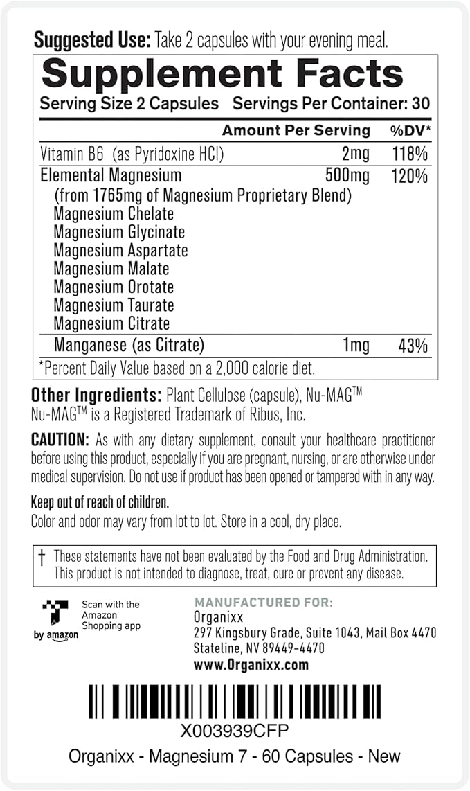 Organixx Magnesium Glycinate Supplement for Support Sleep, Muscle & Heart Health, 7 Type Magnesium Complex with Vitamin B6, Manganese Citrate, Gluten Free, Non GMO, 120 Capsules (60 Capsule 2 Pack)