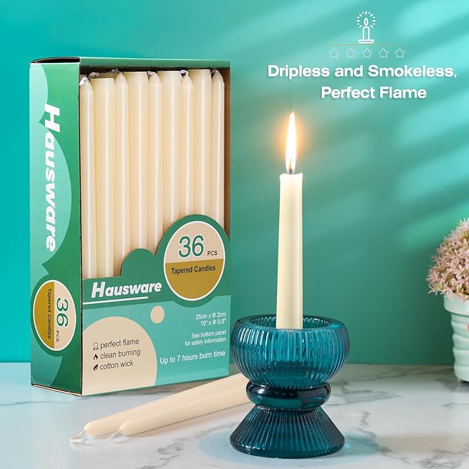 Hausware 36 Pack Taper Candles, 8 Hour Burn Time,Unscented Dripless and Smokeless, 10 inch Elegant Premium Quality Dinner Candle for Home Décor, Restaurant, Wedding, Party Candlesticks (Ivory)