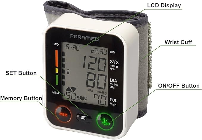 PARAMED Automatic Wrist Blood Pressure Monitor: Blood-Pressure Kit of Bp Cuff + 2AAA and Carrying case - Irregular Heartbeat Detector & 90 Readings Memory Function & Large Display