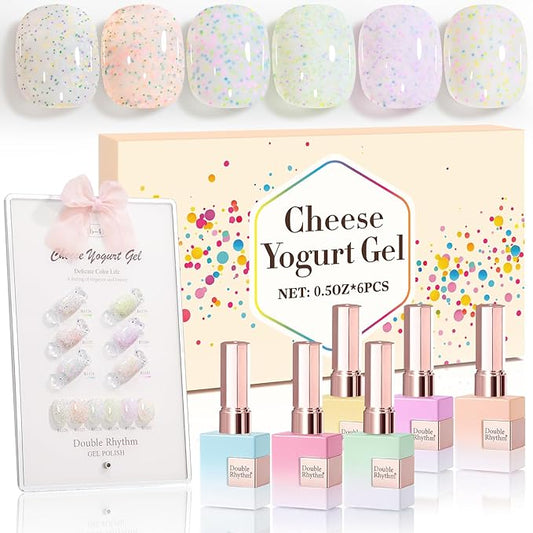 Double Rhythm 0.5 Oz Glitter Gel Polish Set of 6 Color with Display Borad 15 ml Full Size Kit Shimmer Reflective Sparkle Soak Off Manicure Salon DIY at Home (Eggshell Green Purple Colorful Dots-T6-41)