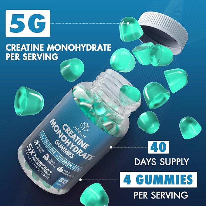 Creatine Monohydrate Gummies - 5g for Men & Women, 160 Count and Creatine Chewable Supplements for Muscle Gain, Muscle Strength, Energy Boost, and Muscle Builder, Sugar Free, Vegan (Blueberry)
