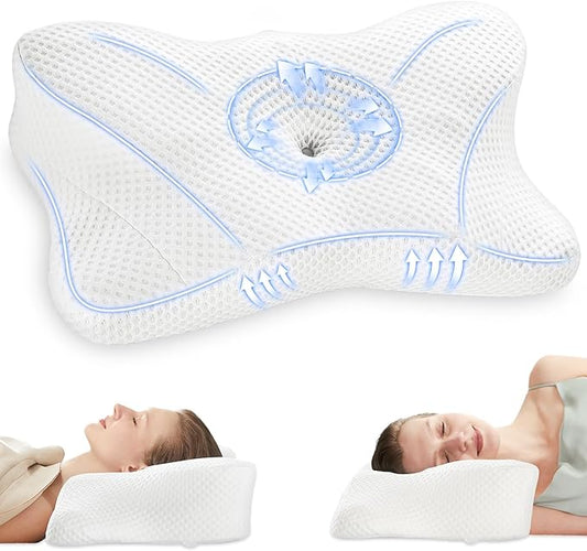 DUMOS Cervical Neck Pillow, Memory Foam Contour Pillow with Arm Rest Slot and Soft Breathable Pillowcase, Ergonomic Dual-Height Orthopedic Support for Side, Back, and Stomach Sleepers, White