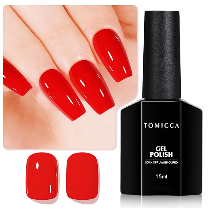 TOMICCA Red Gel Nail Polish,15ml Bright Red Gel Polish,Soak Off UV LED Cure Needed，Pure Color Long Lasting Nail Art Manicure Salon DIY Design
