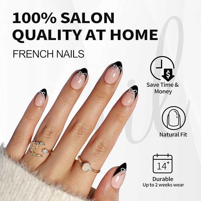 Black French Tip Press on Nails Short with 3D Bow Design - Soft Gel Almond Fake Nails for Women Gift, Natural Stick on Nails with Glue in 16 Sizes - 32 Reusable Nails, Silver Ribbon