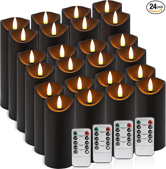 24 Pack Halloween Decoration Flickering Flameless Candles, Battery Operated LED Pillar Candles with Remote Control and Timer.for Home Decor (D2.2 xH 5" 6" 7" Black)