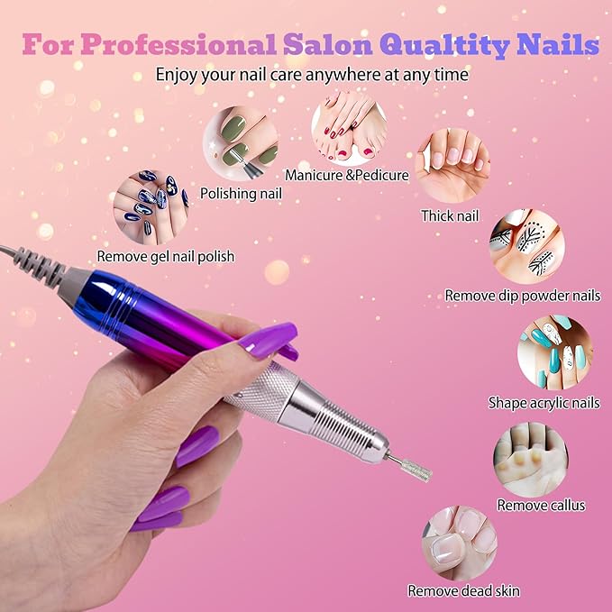 Nail Drill Portable Electric Nail File 35000RPM Electric Nail Drill Cordless Professional with Bits for Acrylic Gel Nails Nail E-File Machine Manicure Polishing for Salon Home (Snowflake Blue)