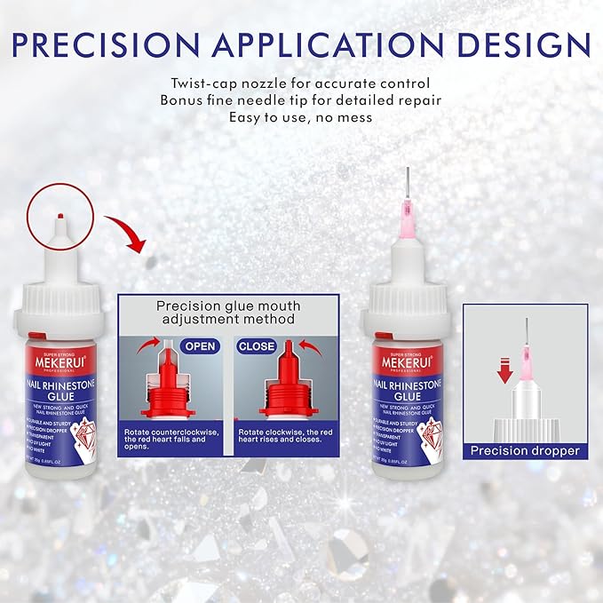 Quickly Dry Rhinestone Glue for Nail – No UV Needed – Precision Dropper + Needle – 30+ Days Clear Hold – Nail Art Rhinestones Design Tools