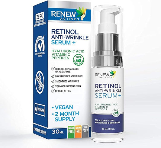 RENEW ACTIVES Retinol Facial Serum with Hyaluronic Acid & Vitamin C – Hydrating & Nourishing Formula for Youthful Skin – Reduces Fine Lines & Wrinkles – For All Skin Types – Made in Canada – 30ml