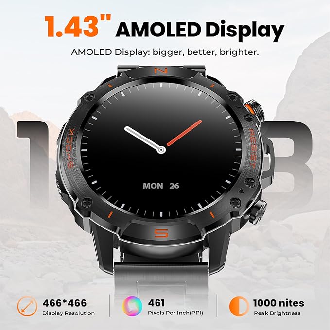 WalkerFit Smart Watch for Men, 1.43" Round AMOLED, 5ATM Waterproof for Swim,Heart Rate & Sleep Monitor,Long Battery,Outdoor Activity Tracker,Voice Control&Bluetooth Call,Android Compatible with iPhone