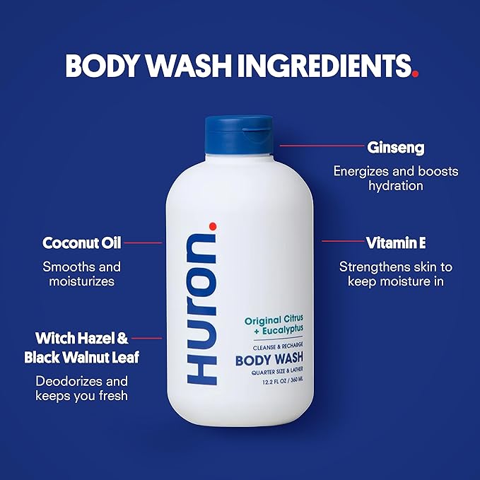 Huron Shower Kit - Shampoo, Conditioner, & Body Wash For Men - Citrus + Eucalyptus Scent - Hydrating & Nourishing Men's Shampoo & Conditioner