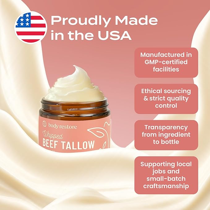 Body Restore Grass Fed Whipped Beef Tallow for Dry Skin, Face - Manuka Honey, Jojoba Oil, Christmas Stocking Stuffers, White Elephant, Birthday Gifts for Women, Men, Travel Essentials - Citrus