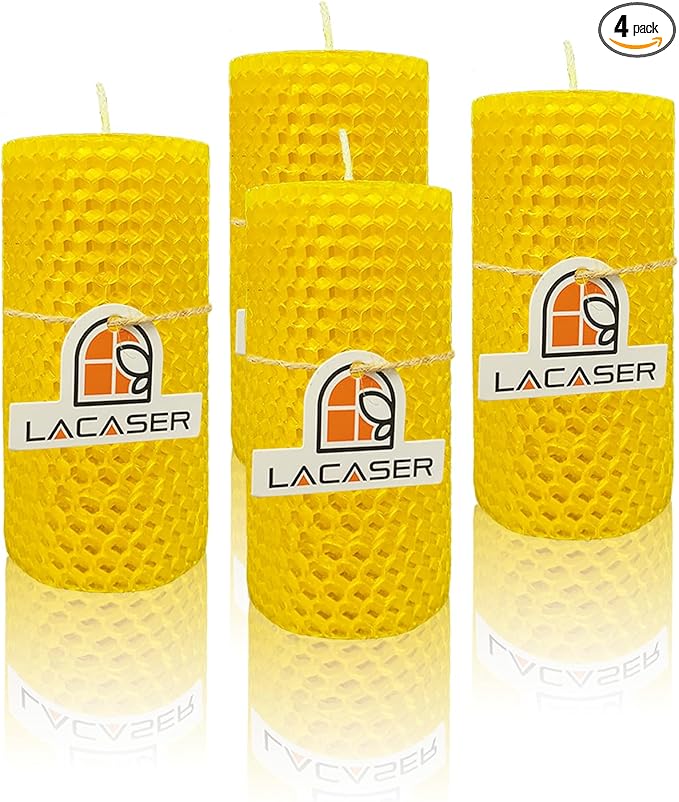 Lacaser Beeswax Pillar Candles Bulk Set of 4, Bees Wax Candles for Home, Size 2"X4", Unscented & Dripless & Smokeless,7 Hours Burn Time Each, Yellow