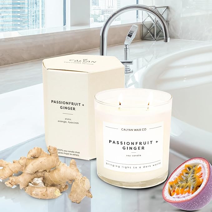 Calyan Wax Co. Passionfruit & Ginger 2 Wick Scented Candle - 37 Hour Burn - Luxury Non Toxic Soy Wax Candles - Long Lasting Large Glass Jar Candle for Home - 8.8oz