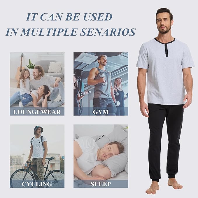 Men's Pajama Set with Henley Neckline 100% Cotton Soft and Comfortable Nightwear 2-Piece Lounge Set