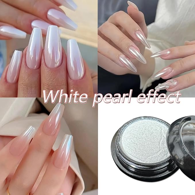 Holographic White Pearl Chrome Nail Powder Mirror Effect Metallic Sequins UV Gel Nail Chrome Powder Pigment for Nail Art Decoration, White Pearl Chrome Powder for Nails