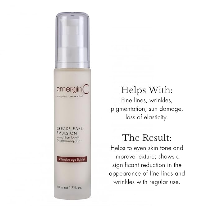 emerginC Crease Ease Emulsion - Intensive Face + Neck Serum with Peptides, Micro-Collagen + Sweet Almond for Aging Skin (1.6 oz, 50 ml)