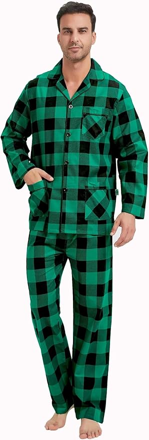 GLOBAL Men's Pajamas Sets 100% Cotton Flannel Sleepwear Long-Sleeve top & Bottom