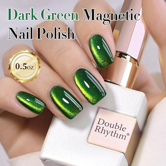 Double Rhythm Cat Eye Gel Polish with Magnet 15ML Holographic Glitter Shimmer Translucent Sheer Color Glass Magnetic Gel Polish Salon DIY at Home (Dark Green-MC1045)