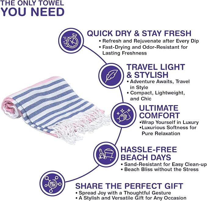 Oversized Turkish Beach Towel 38’’x71’’ - Set of 4 | 100% Turkish Cotton Lightweight Sand Free Quick Dry Pool Towels | Extra Large Bath Towels for Adults Beach Blanket Essentials