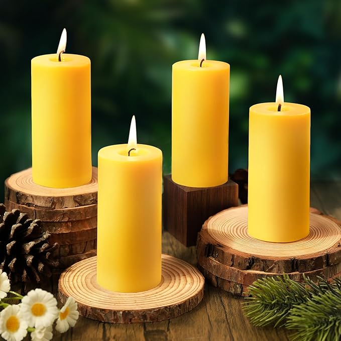4 Pack Natural Beeswax Pillar Candles, 140 Hours Long Burning, 100% Pure Bees Wax Candles, Organic Emergency Beeswax Candles Bulk for Home Room Prayer Parties Relax, Smokeless & Dripless 2x4in