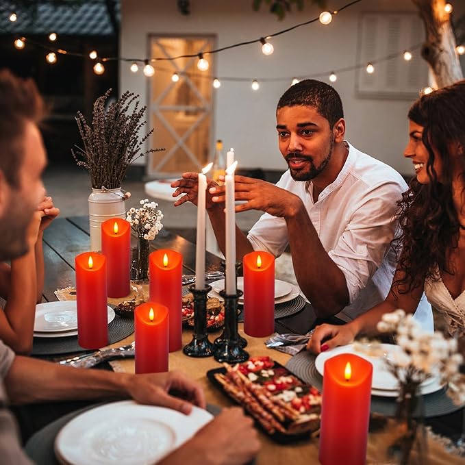 24 Pack Christmas Decoration Flickering Flameless Candles,LED Candles Battery Operated Pillar Candles with Remote Control.for New Year, Home Decor, Parties,Wedding(D2.2 xH 5" 6" 7" Red)