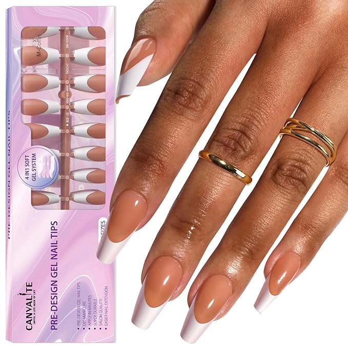 Canvalite French Tip Press on Nails Gel Nail Tips - 300Pcs Pre-Colored Quick and Easy Fake Nails with Designs Coffin Nails Tips Press on Nails Long DIY Nail Extensions, Nude White