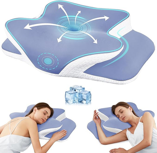 Cervical Neck Pillow for Neck Pain Relief & Support - Cooling Ergonomic Memory Foam Pillow with Dual-Height Contour & Ice Silk Cover for Side, Back, Stomach Sleepers, Blue
